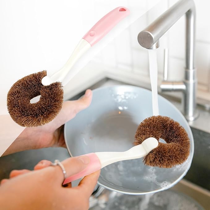2 Pack Kitchen Scrub Brushes for Cleaning Dish Brush with Handle for Pans, Pots, Kitchen Sink Cleaning Scrub Brushes (Coconut Fiber)