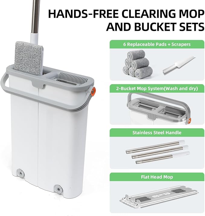 Mop and Bucket Set with Wringer Flat Mop Bucket System for Home Floor Cleaning,6 Reusable Microfiber Pads,Extended Stainless Steel Handle,Ideal for Hardwood,Wood,Laminate Floors,and Bathroom Mop