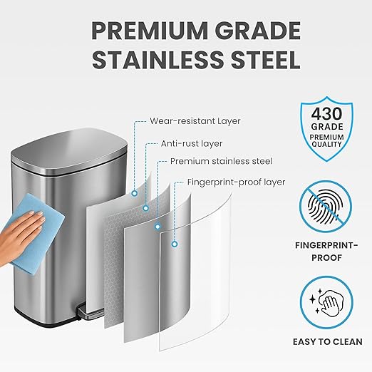 iTouchless SoftStep 13 Gallon Kitchen Trash Can with Lid and Odor Filter, Stainless Steel 50 Liter Recycling Bin for Home Office Bedroom Garage Living Room Bathroom Silent Lid Close Slim Wastebasket