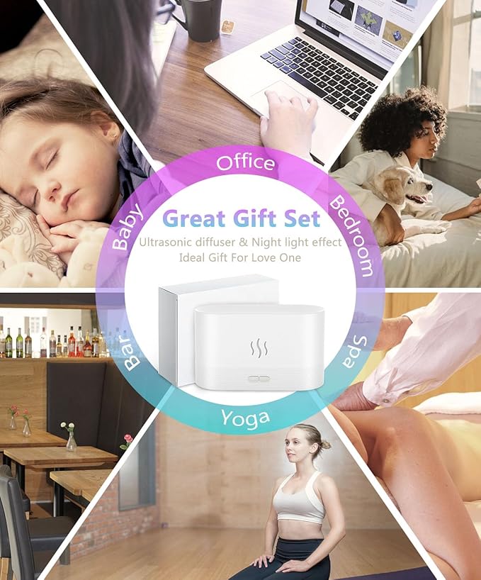 Essential Oil Diffuser, Air Humidifier with Flame Led Light - 7 Colors, 180mL Capacity (8 Hours), Noiseless Operation, Auto-Off Protection - Perfect for Home Bedroom Office Gifts(Black)