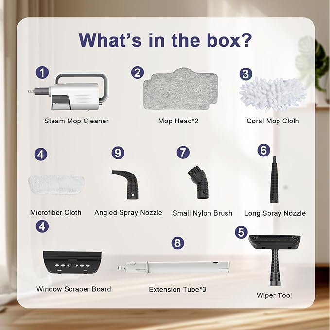 Steam Cleaner, 6 in1 Rotated Steam Mop Cleaner with 2 Modes, 2 Microfiber Pads, 400ML Removable Tank, 23FT Power Cable, Detachable Steam Mops for Floor, Laminate Floor, Tiles Cleaning (Sky White)