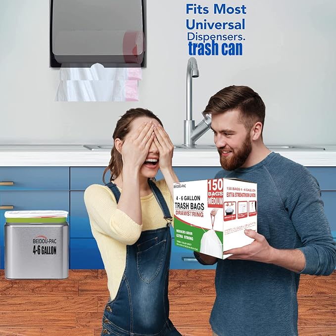 Trash Bags 4-6 Gallon Drawstring, 75 Count Garbage Bags, Medium Kitchen Trash Bags, Odorless & Heavy Duty White Plastic Food Scrap Bags for Bathroom Bedroom Office Waste