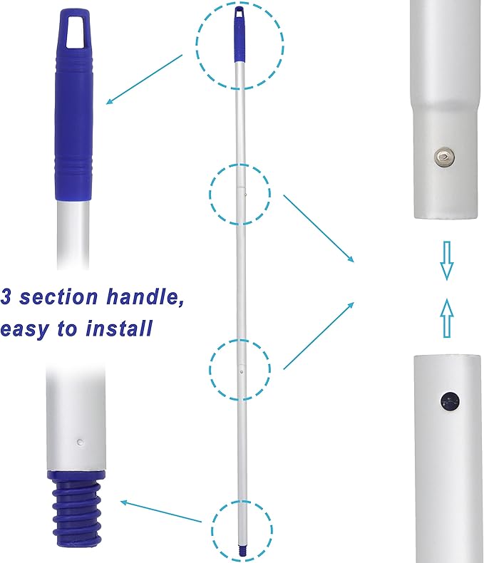 Mop, One Pole with Two Blue Microfiber Cloth Heads (1 Handle & 2 Mop Heads)