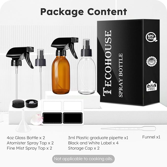 Tecohouse Glass Spray Bottles 4 oz, 2 Pack Spray Bottles for Hair Empty Refillable Fine Mist Sprayer with Labels, Funnel, Pipettes