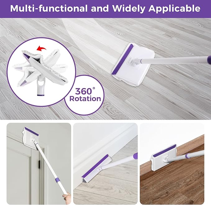 Baseboard Cleaner Tool with Handle 2.0, 60" Extendable Long Handle, Dust Trapping and Locking, 5 Reusable Pads, Purple Base Boards Cleaning Tool for Moldings, Wall, Floor, Bathroom, Kitchen