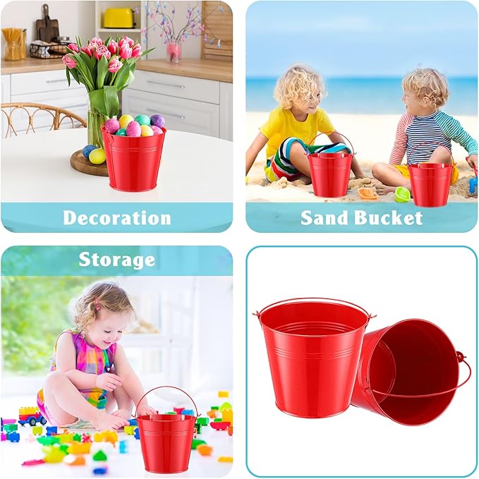 Rtteri 24 Pcs Small Metal Buckets with Handle Mini Buckets Bulk for Easter Party Favors Classroom Pencil Holder Flower Pot Plant Basket for Crafts DIY Projects, 6 x 5 Inch(Red)