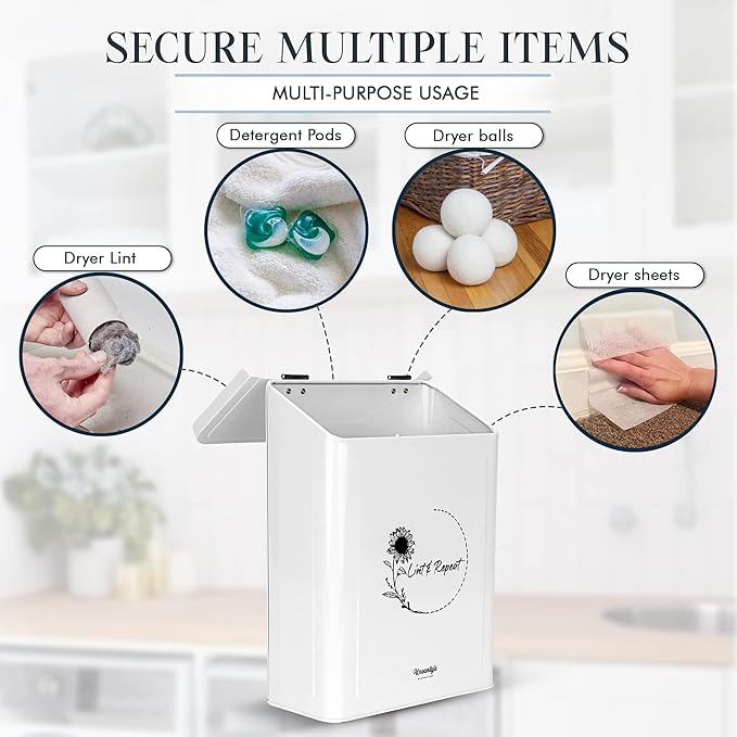 Knowstyle Metal Magnetic Lint Bin for Laundry Room Decor - Laundry Room Trash Can with Dryer Lint Brush for Dryer Vent – Metal Laundry Lint Bin with Clothes Lint Roller