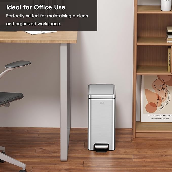 EKO Small Bathroom Trash Can with Lid Soft Close, Step Pedal, 10 Liter / 2.6 Gallon Stainless Steel Garbage Can with Removable Inner Bucket, Anti-Fingerprint Finish (Silver)