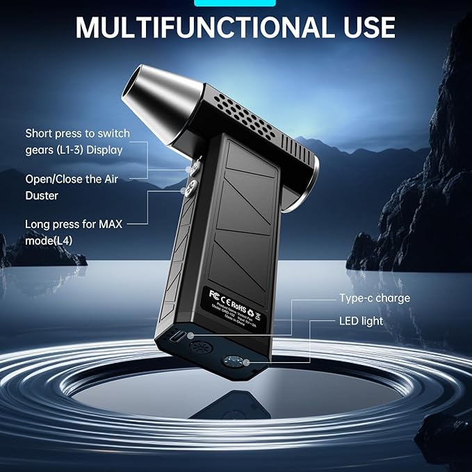 Compressed Air Duster, 380000RPM Electric Air Duster with LED Light, 4-Gear Adjustable Mini Handheld Air Blower Jet Turbo Fan Jet Dry Blower Rechargeable Air Blower Duster for Keyboard Car Home