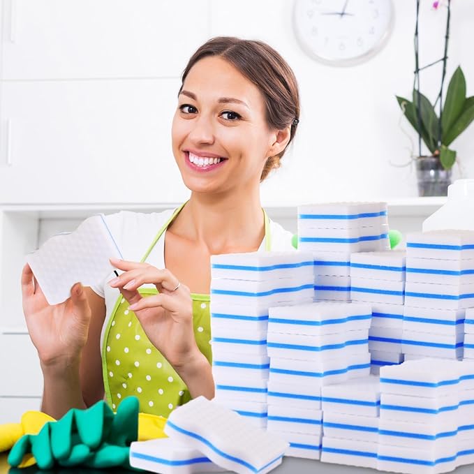 60 Pack Magic Extra Durable Sponge Eraser 3 Layer Density Cleaning Pads in Bulk Thick More Lasting Sponge Eraser for Bathroom Kitchen Floor Bathtub Toilet Cleaner(Blue and White)