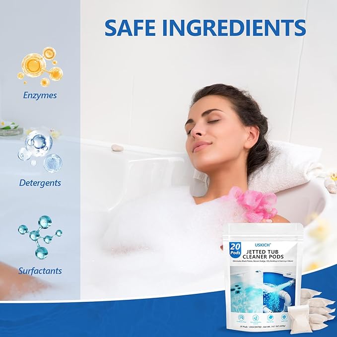 USKICH Jetted Tub Cleaner Bathtub- 20 Pods Jet Bathtub Cleaner,Jetted Tub Cleaning Solution Compatible with Spa Bath & Whirlpool,Septic Safe Bath Jet Scale and Residue Remover-1+Year Supply