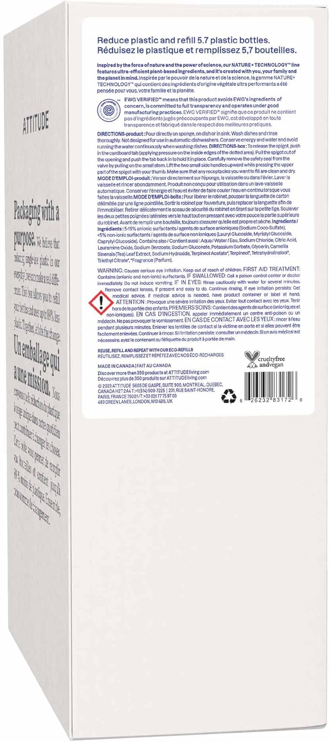 ATTITUDE Dish Soap Refill, EWG Verified, Plant-Based & Vegan Dishwashing Liquid, Naturally Derived, Citrus Zest Scent, 135.3 Fl Oz
