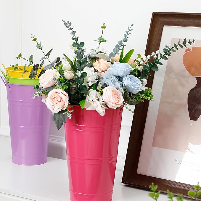 Zhehao 12 PCS 12 Inch Galvanized Metal Vase with Handles Bulk Tin Flower Buckets Galvanized Vases for Country Wedding Table Centerpieces Flower Buckets for Wedding Home (Green, Yellow, Purple, Rose)