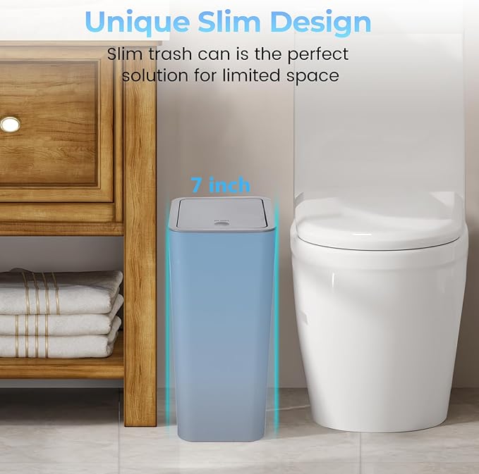 4 Gallon Bathroom Small Trash Can with Lid, 15L Slim Garbage Bin Wastebasket with Pop-Up Lid for Bedroom, Office, Kitchen, Dorm, Fits Under Desk