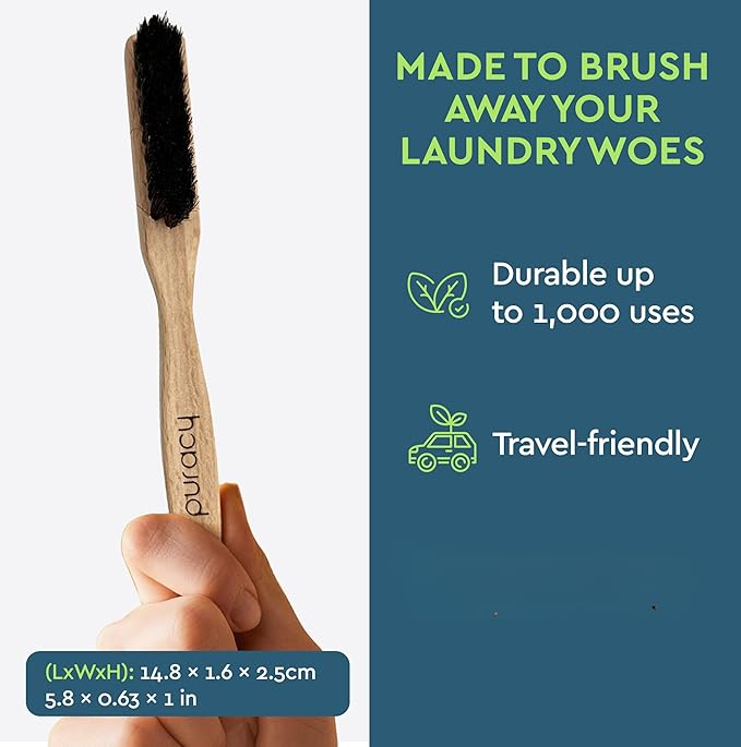 Puracy Laundry Stain Remover Brush for Tough, Deep, and Aged Clothing Stains, with Vegan Bristles for Safe and Effective Stain and Odor Elimination