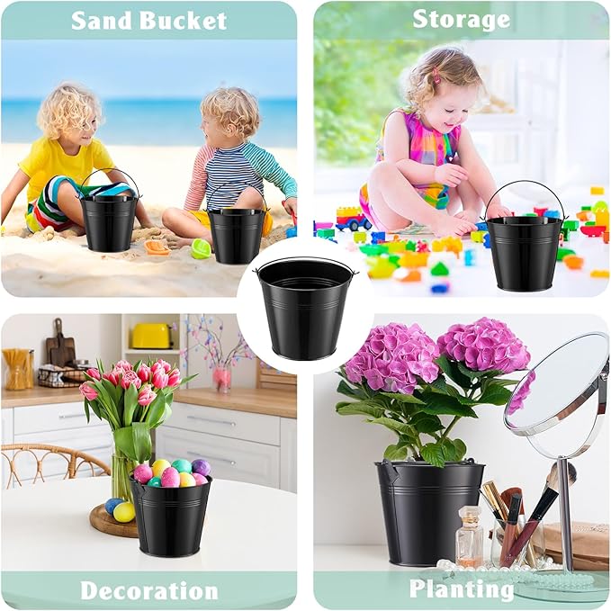 Rtteri 24 Pcs Small Metal Buckets with Handle Mini Buckets Bulk for Easter Party Favors Classroom Pencil Holder Flower Pot Plant Basket for Crafts DIY Projects, 6 x 5 Inch(Black)