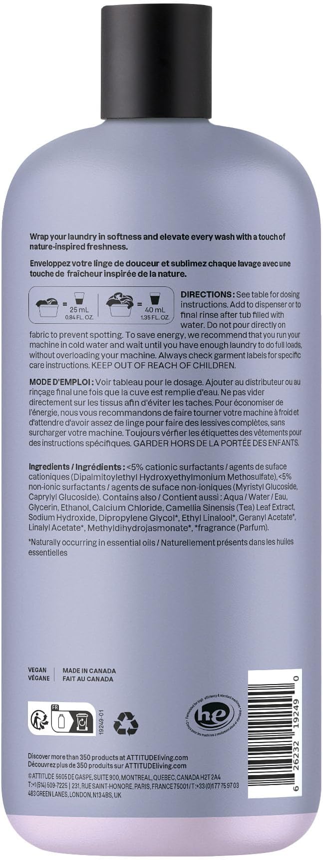 ATTITUDE Liquid Fabric Softener, Natural Origin Ingredients, For White and Colored Clothing, Deodorizes, Gentle on Delicate Skin, Lemon & Rosewood, 38 Loads, 32 Fl Oz