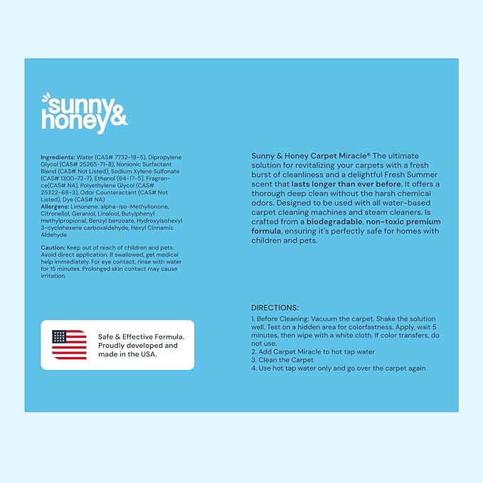 Sunny & Honey Carpet Cleaner Solution - 32 Fl Oz, Fresh Summer Scent - Rug Shampoo & Upholstery Cleaning Solution - Pet Odor Eliminator & Pet Stain Remover