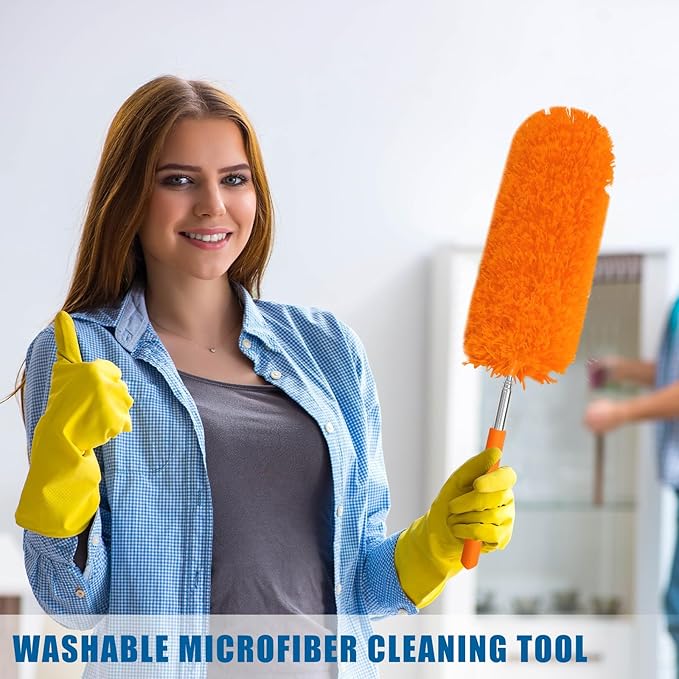 Tanlade 12 Pcs Microfiber Feather Duster for Cleaning 13-31 Inch Extendable Cobweb Dusters Ceiling Fan Duster Washable Bendable Tool for Office Car Window Furniture (Orange)