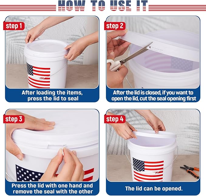 6 Pcs 2 Gallon Plastic Bucket with Lid and Handle, Large White Heavy Duty Bucket with American Flag for Home Gardening Tools Household Cleaning Baseballs Storage Container