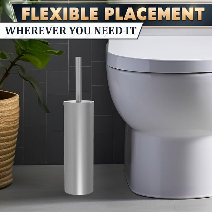 Stainless Steel Toilet Brush and Holder Set White - Long Handle Toilet Bowl Cleaner Brush and Holder - Removable Inner Liner, Shiny Design, Splash Protection & Dense Bristles for Bathroom Cleaning