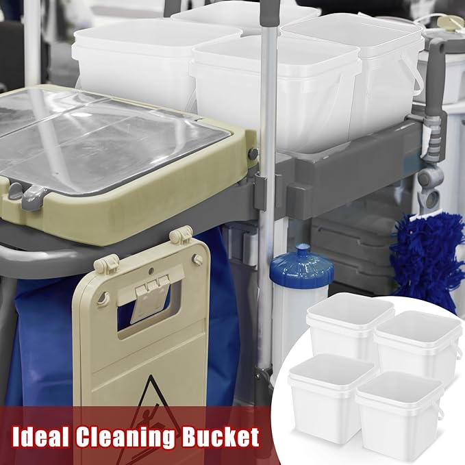 4 Pcs Plastic Bucket 5 Quart Square Bucket Utility Small Pail with Handle Sturdy Pail Organizer for House Cleaning Storage Livestock Feeding Car Washing Food Storage, No Lids(White)