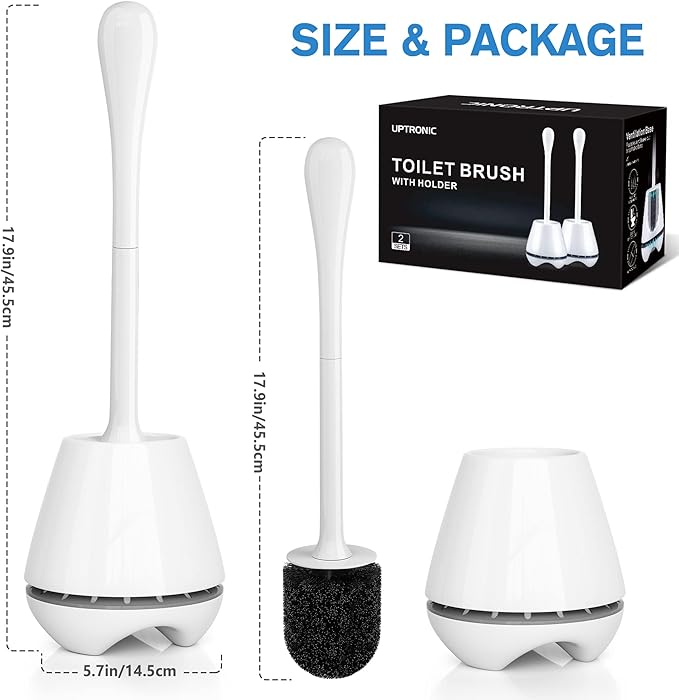 uptronic Toilet Brush and Holder 2 Pack, Toilet Brush with Ventilated Holder, Toilet Bowl Brush with Long and Large Handle for Bathroom-Toilet-Cleaning-Bristles-Comfortable