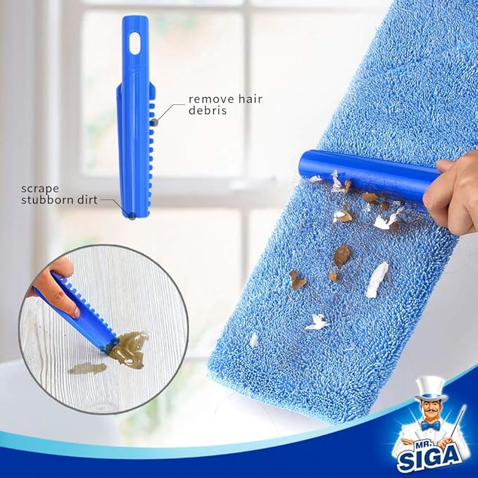MR.SIGA Professional Microfiber Mop for Hardwood, Laminate, Tile Floor Cleaning, Stainless Steel Telescopic Handle - 3 Reusable Flat Mop Refills and 1 Dirt Removal Scrubber Included
