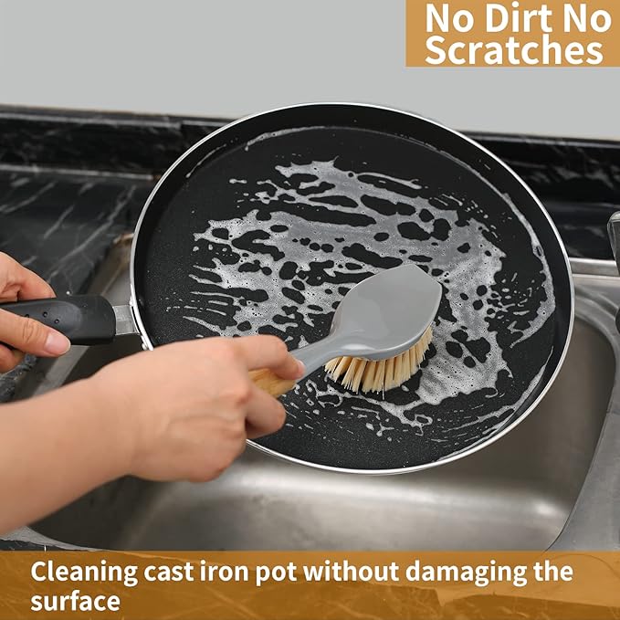 2 Pack Kitchen Dish Brush Bamboo Handle Dish Scrubber Built-in Scraper, Scrub Brush for Pans, Pots, Kitchen Sink Cleaning, Dishwashing and Cleaning Brushes are Perfect Cleaning Tools, Color-Gray