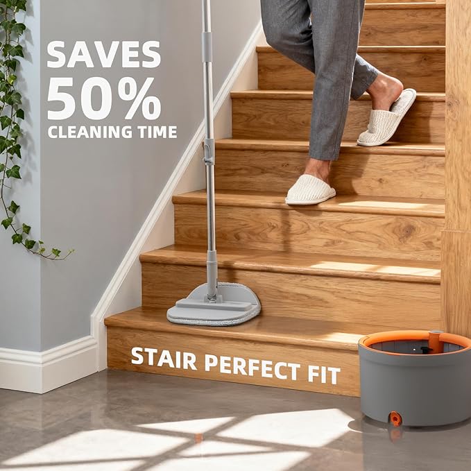 Mop and Bucket Set, Spin Mop with Dirty Water Self Separation System with 4 Mop Head Replacement, Self Cleaning Mops and Buckets System with Mop Scraper for Household Use Floor Cleaning