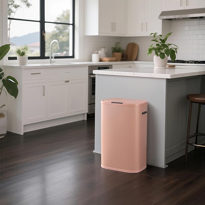 happimess HPM1017G Tammi Kitchen 14.5-Gallon Slim Metal Push Button Trash Can for Home, Kitchen, Laundry Room, Office, Bedroom, Bathroom, Flamingo Pink