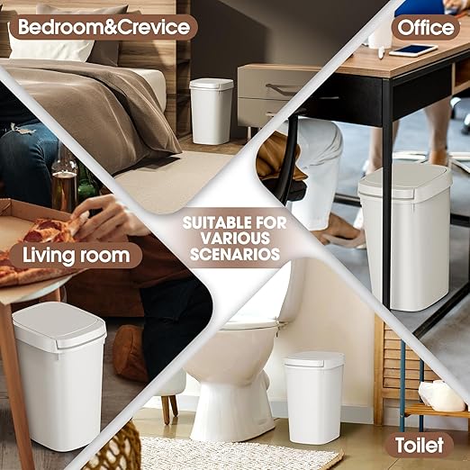 CEROELDA 3 Pack Bathroom Trash Can with Lid, 10L/2.6 Gal Small Garbage Can with Press Top Lid, Slim Plastic Waste Basket for Toilet, Office, Bedroom (White, 3 Pack)