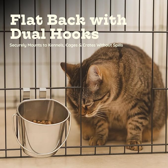 6 Quart Stainless Steel Flat Sided Bucket with Dual Hooks | Durable Food & Water Bowl for Dogs Cats Goat Sheep & Livestock | Fits kennel Cage Critter Crate Hanging Pet Pail | Multipurpose
