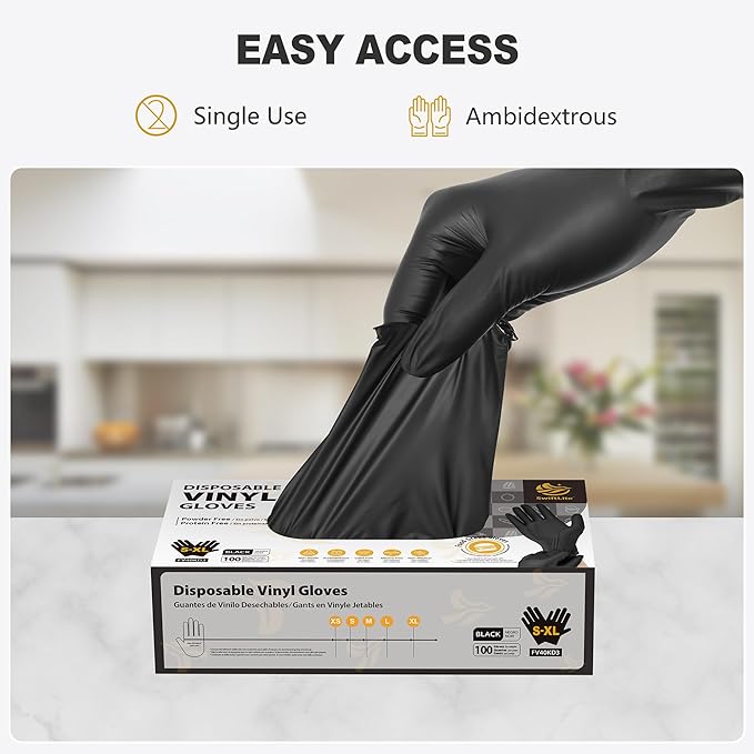 Black Vinyl Gloves, Food Grade Gloves Disposable Latex Free & Powder Free, Guantes for Cleaning Cooking Food Prep