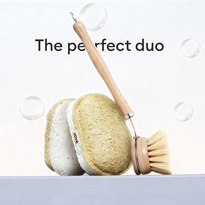 Vove Washing Up Sponges, Pack of 8 - Loofah & Cellulose Sponge with Cotton, Natural Eco-Friendly Kitchen Sponges & Scourers for Household Cleaning, FSC-Certified Packaging