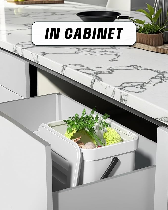 Kitchen Compost Bin - 1.8 Gallons Hanging Trash Can with Lid for Kitchen Cabinet Door, Under Sink, Wall Mounted Waste Bin for Bathroom, 7L(White)