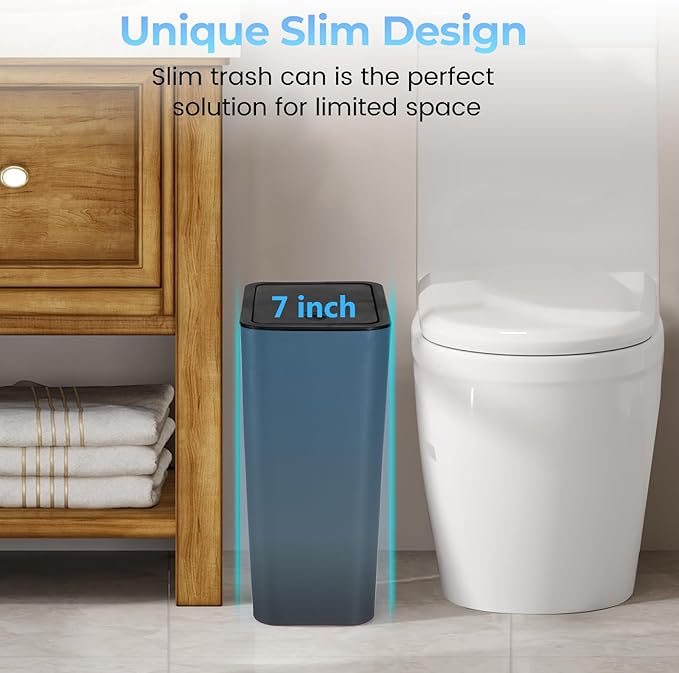 3 Pack 4 Gallon Bathroom Small Trash Can with Lid, 15L Slim Garbage Bin Wastebasket with Pop-Up Lid for Bedroom, Office, Kitchen, Dorm, Fits Under Desk
