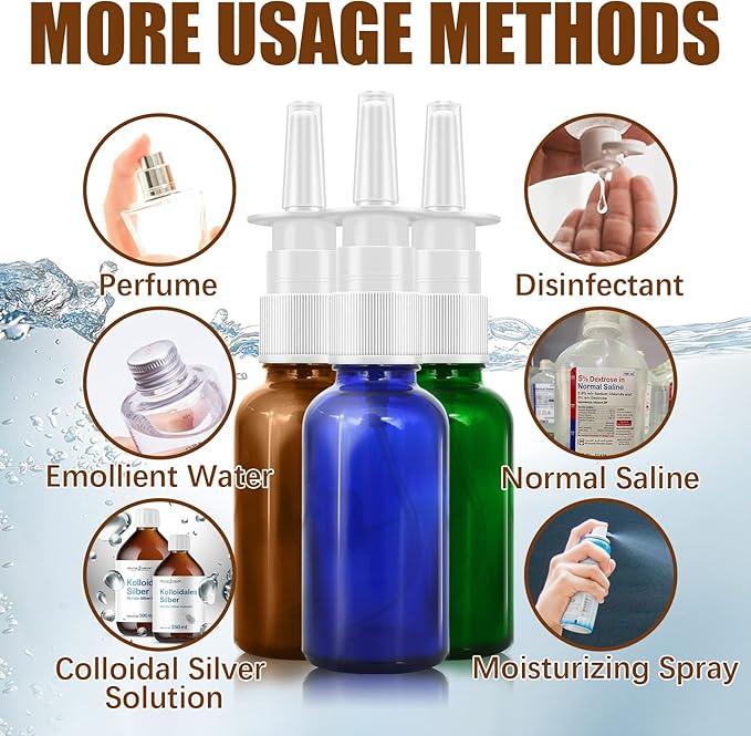 Cupohus Nasal Spray Bottle, 3 Pcs 30ML/1oz Amber,Cobalt Blue,Green Glass Refillable Fine Mist Sprayers Atomizers, Travel Sized, Empty Nasal Sprayer with Funnels and Labels