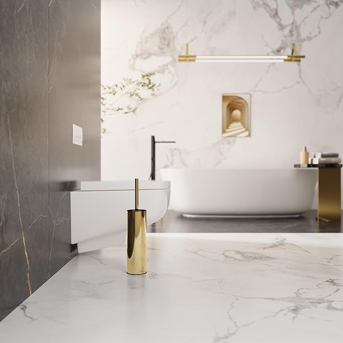 BGL Gold Toilet Brush and Holder, Stainless Steel Toilet Brush with PP Fiber Bristles, Round, 1 Pack