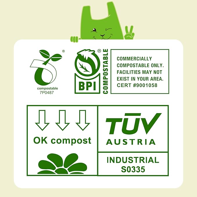 13 Gallon Compostable Trash Bags (40 Count) — Leakproof Plant-based Thick (1.1 Mil) Tall Kitchen Garbage Bags — ASTM D6400 BPI Certified — Heavy-Duty Large Food Scrap Liner Bag with Handle-Tie