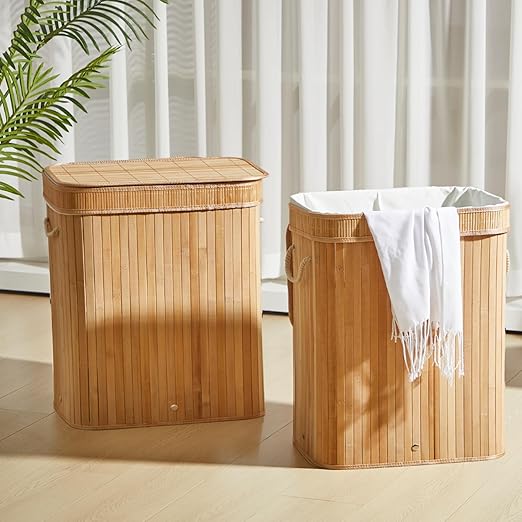2 Pack Bamboo Slim Trash Can with Lid, 21 Gallon Large Foldable Slim Rectangular Garbage Can Bamboo Waste Basket for Bathroom Bedroom Office Home Salon Spa (24.8×20.9×13 Inches,Wooden Color)