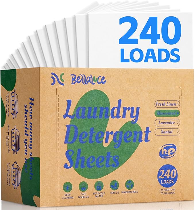 Laundry Detergent Sheets - 240 Loads Unscented Gentle on Sensitive Skin, Laundry Sheets for Dorm,College,Home, Hotel,Apartment,Camping,Cruise,Road Trip,Small space, Family School Travel Essentials