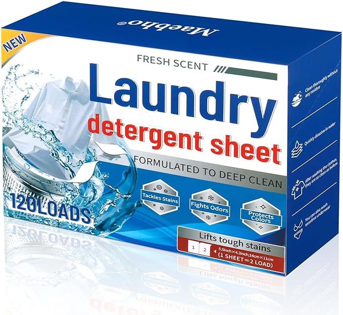 Laundry Sheet Paper, Washing Powder, Fresh Scent Laundry Detergent Sheets, 120 Loads, Deep Clean Formula with Stain Fighting Power(120PCS)