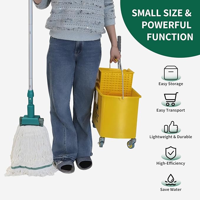 22 Qt (5.5 Gallon) Mop Bucket with Wringer for Floor Cleaning, Handle, Wheels, 16.5" L x 10.6" W x 26.4" H, Yellow,Add One Loop-end String Mop