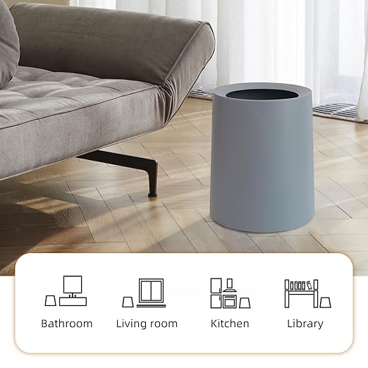 2 Pack Round Modern Trash Can Bedroom, 3Gal/12L Bathroom Trash Can Hidden Bag, Open Top Trash Bin Round Plastic, Minimalist Grey Garbage Can with Inner Bucket (with 2 Handles) for Kitchen Office
