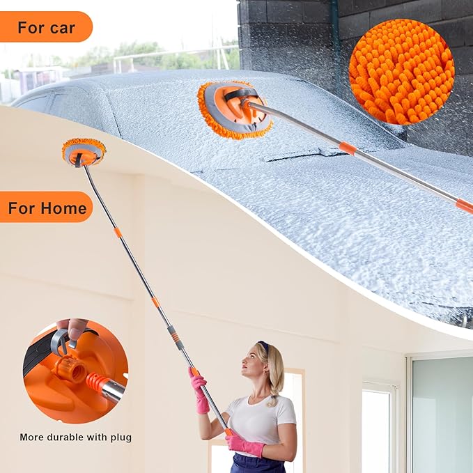 Wall Cleaner Mop with 56” Long Handle,15°Labor-Saving Elbow,Multi-Surface Duster for Painted Walls,Floor,Baseboard & Windows, Includes 2 Replaceable Microfiber Chenille Pads (Orange)
