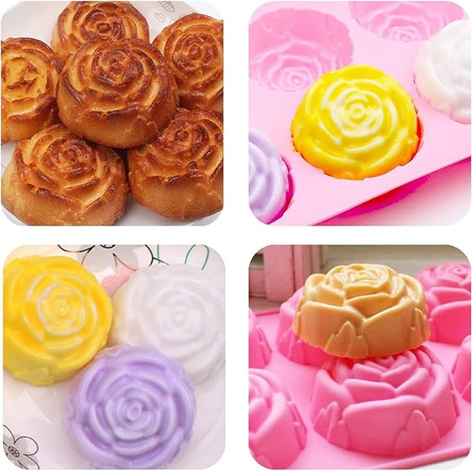 6 Cavity Rose Flower Silicone Mold for Cake Chocolate Candy Cupcakes Pudding Muffins Ice Cube Soap Making 3PCS