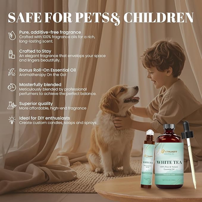 White Tea Diffuser Oil - White Tea Essential Oils for Diffuser Refill & Air Freshener Room Spray, Long-Lasting, Natural Home Fragrance and Scent for Diffusers(4 fl.oz Bottle + 0.34 fl.oz Roll-On)