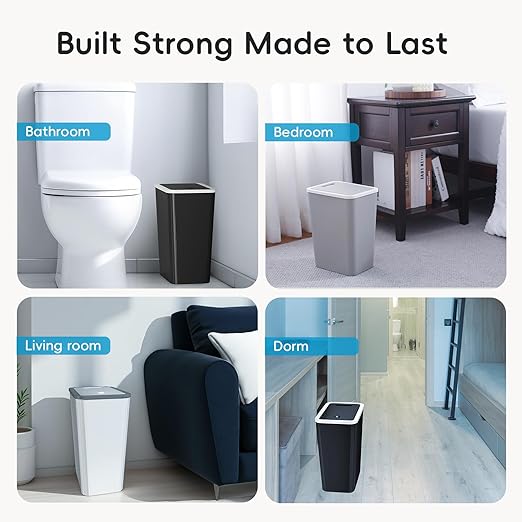 Small Trash Can, 3 Pack 4 Gallons Bathroom Garbage Can with Lid Press-Top, Small Waste Basket with Trash Bags, Slim Plastic Garbage Bin for Dorm, Office, Bedroom, Kitchen, Living Room (Multi)