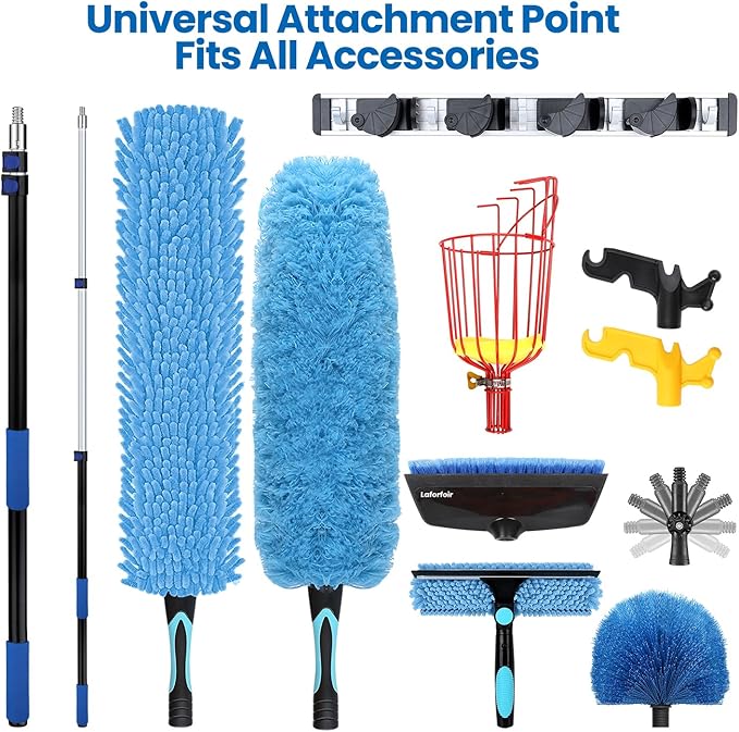 25ft High Ceiling Duster Kits with 5-18ft Heavy Duty Extension Pole - Fan Blade Cleaner, Cobweb Remover & Blue Window Squeegee Kit, Washable Dust Brush for High Roof and Glass Surfaces